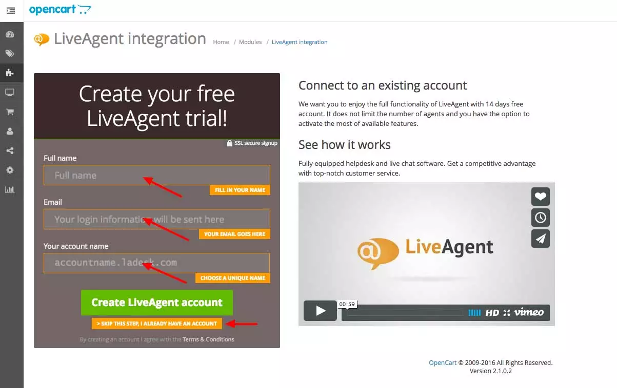 تكامل OpenCart LiveAgent - إدخال بيانات الاعتماد