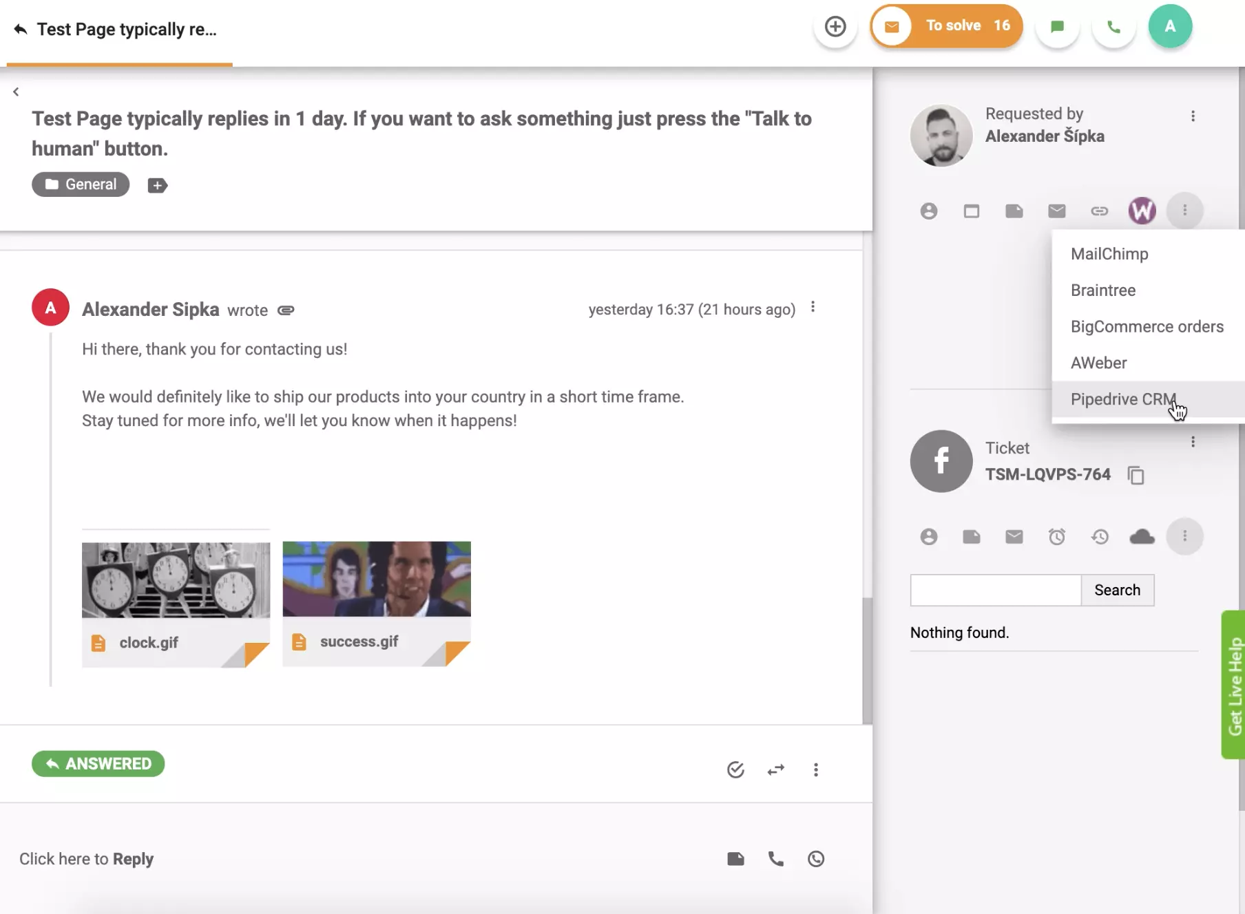 PipeDrive CRM نشط في عرض تذكرة LiveAgent