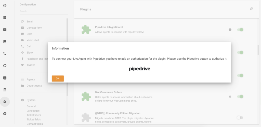 انقر على شعار PipeDrive للمتابعة مع تكامل PipeDrive لـ LiveAgent
