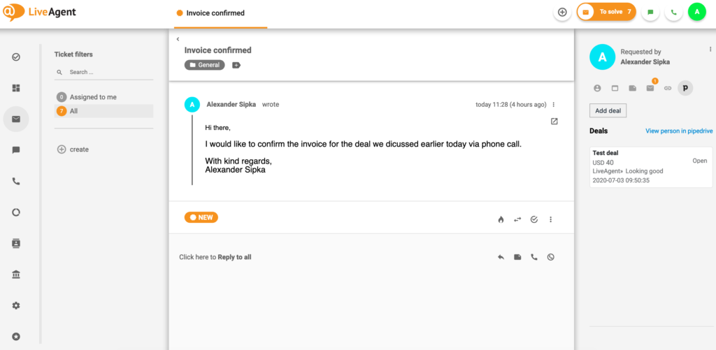 صفقة PipeDrive في LiveAgent