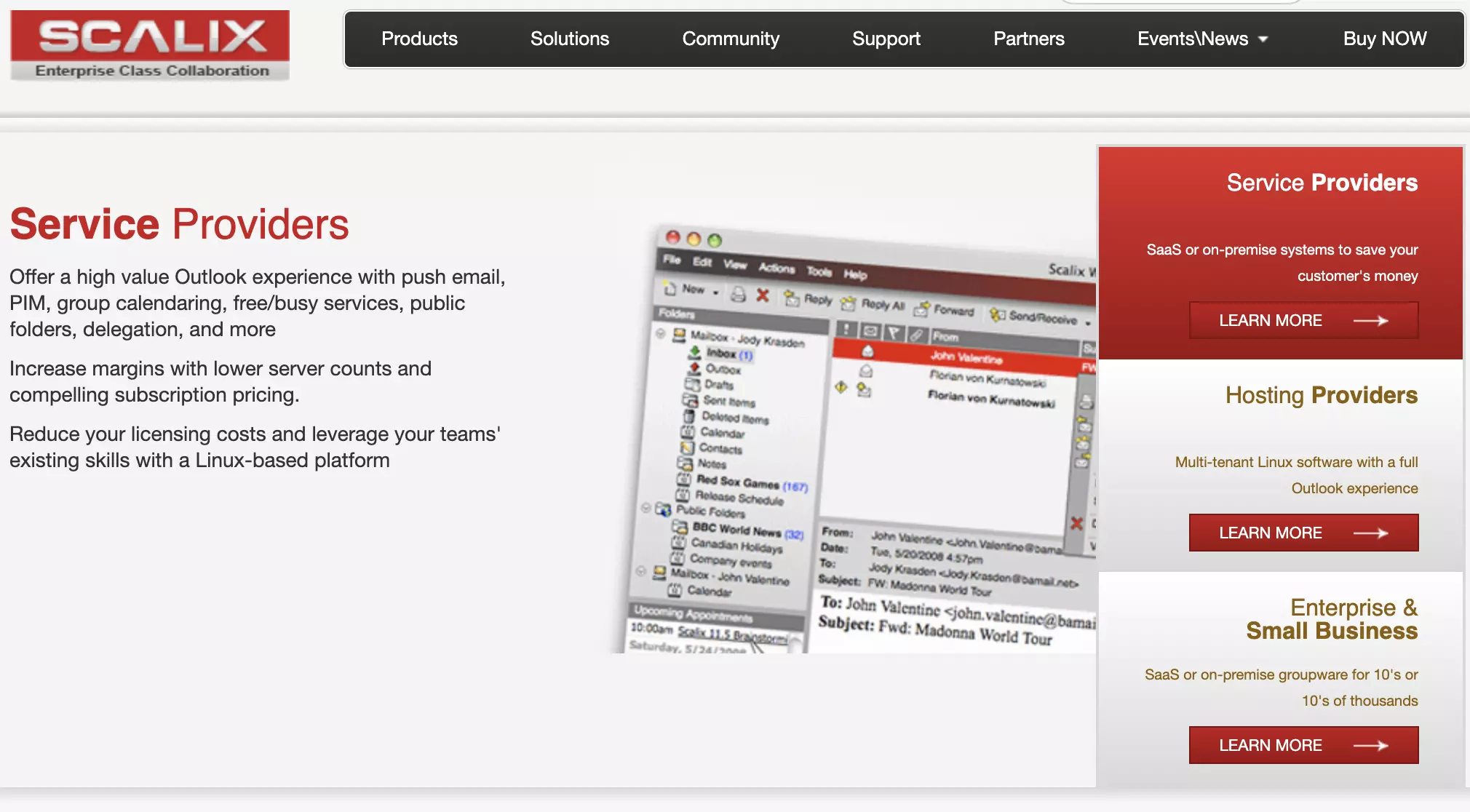 صفحة Scalix الرئيسية مع الميزات والمعلومات المدرجة