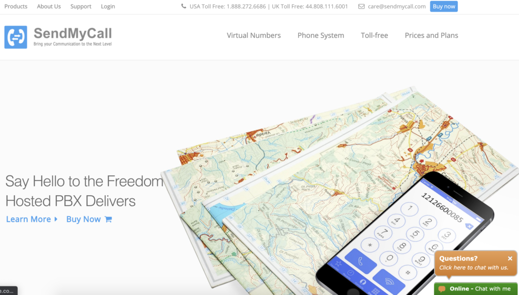 صفحة SendMyCall الرئيسية مع زر شراء الآن في الزاوية العلوية اليمنى