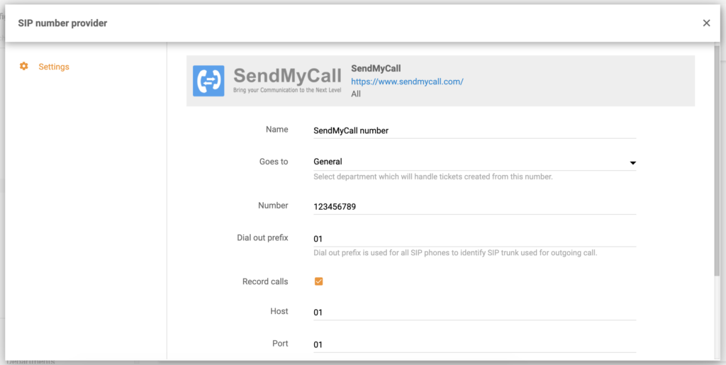 تكوين رقم SendMyCall في LiveAgent