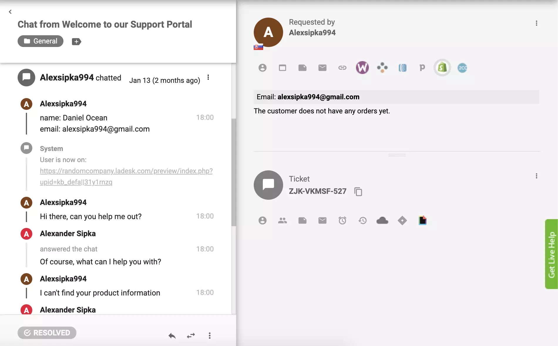 مكون إضافي Shopify نشط في LiveAgent ويمكن رؤية طلبات العملاء من عرض التذكرة