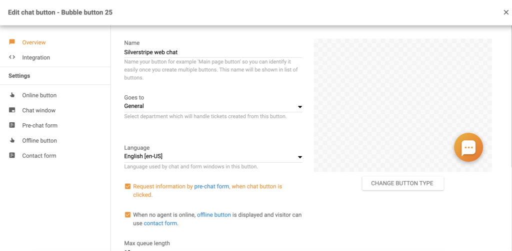 تكوين زر الدردشة في Silverstripe في LiveAgent