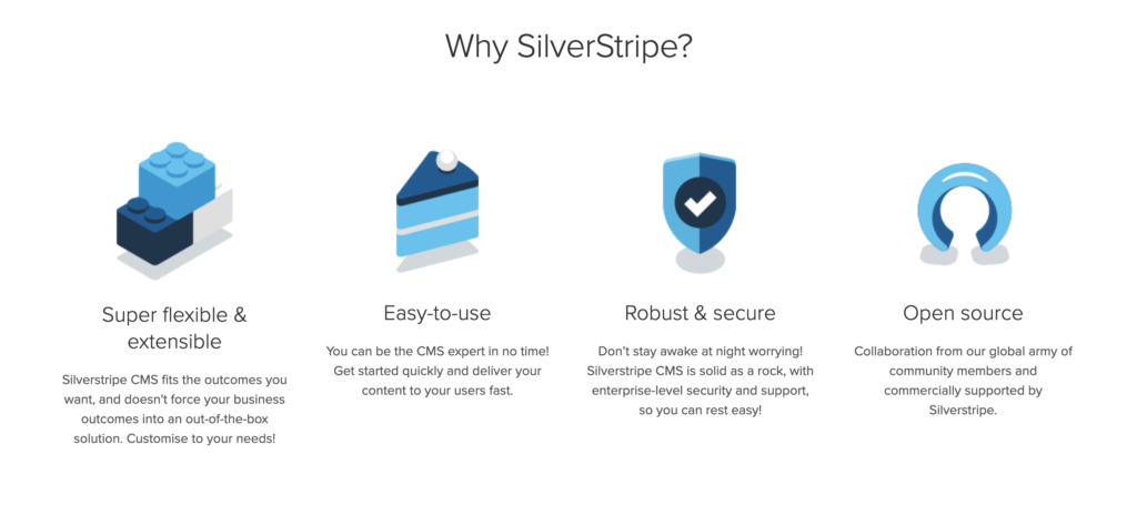 صفحة Silverstripe الرئيسية مع الميزات المدرجة