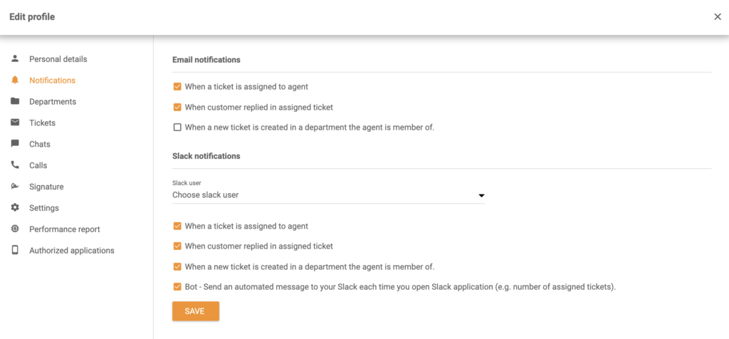 خيارات إشعارات Slack في قسم تحرير الملف الشخصي