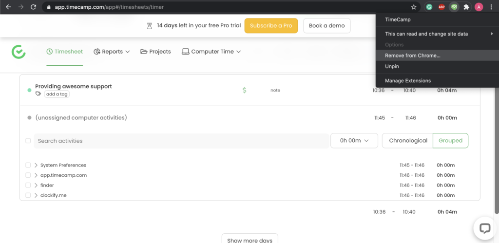 خيارات مكون TimeCamp في Google Chrome