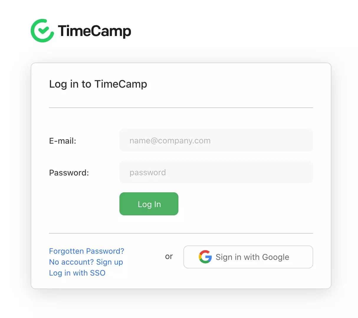 صفحة تسجيل الدخول إلى TimeCamp