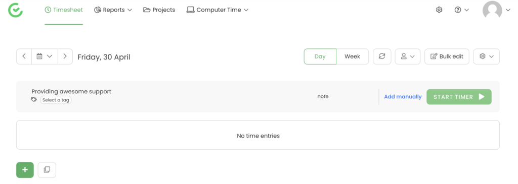 اختيار مشروع TimeCamp مع بدء المؤقت
