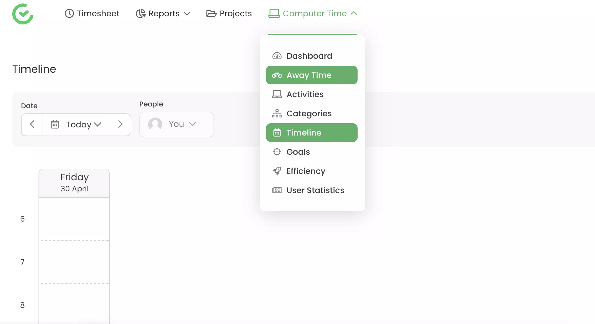 قدرات التتبع مثل وقت الغياب والجدول الزمني المرئي في TimeCamp
