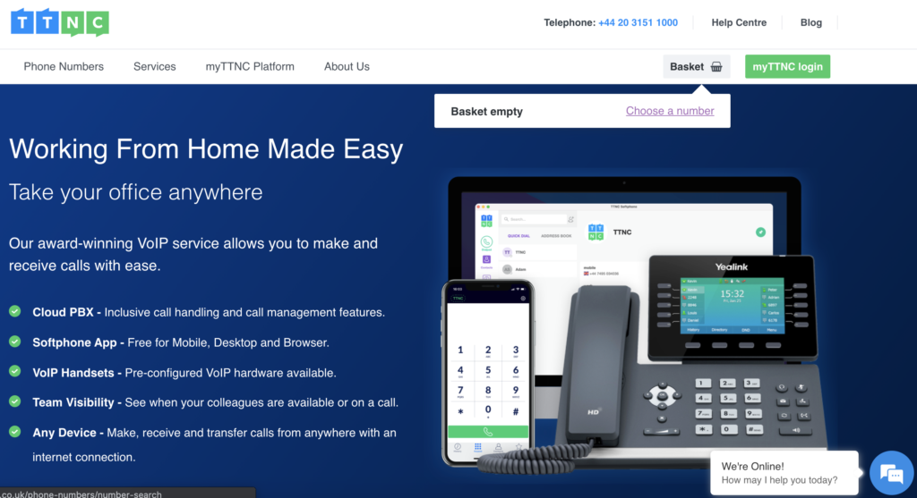 موقع TTNC مع خيار السلة واختيار رقم في الأعلى الأيمن