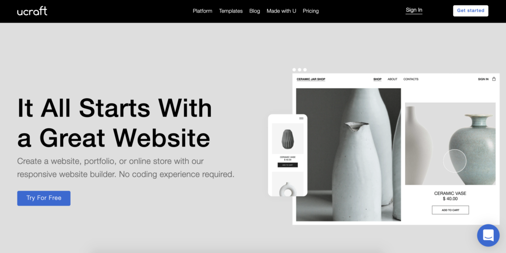 صفحة Ucraft الرئيسية مع زر البدء في الزاوية العلوية اليمنى