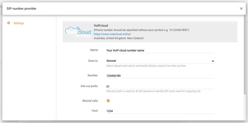 تفاصيل رقم مكالمة VoIPcloud في تكوين LiveAgent