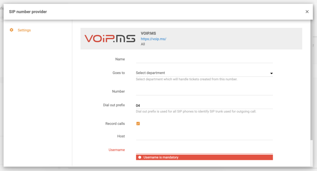 تكوين VoIP.ms في إعدادات المكالمة في LiveAgent