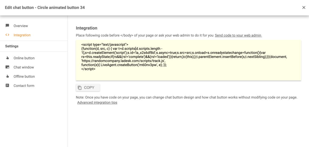 كود زر الدردشة بعد التكوين الناجح في LiveAgent