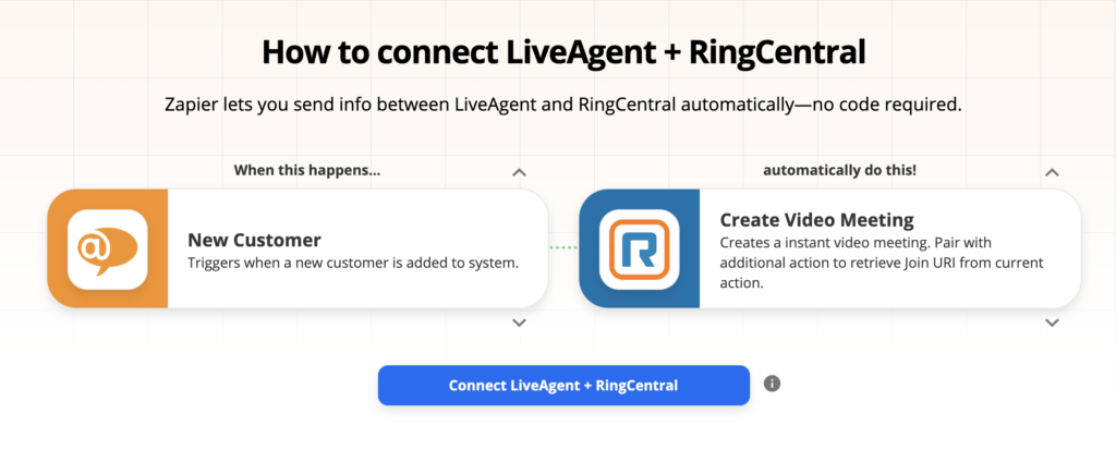 صفحة تكامل Zapier لـ LiveAgent و RingCentral
