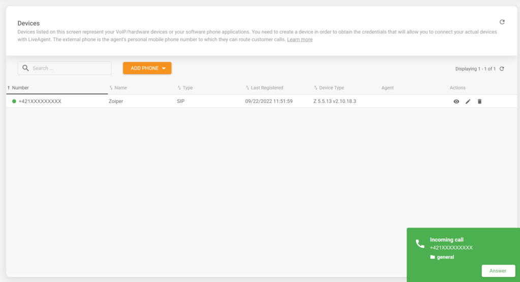 صورة توضح مكالمة واردة في تطبيق Zoiper الهاتف الذكي المدمج بنجاح مع برنامج مساعدة LiveAgent