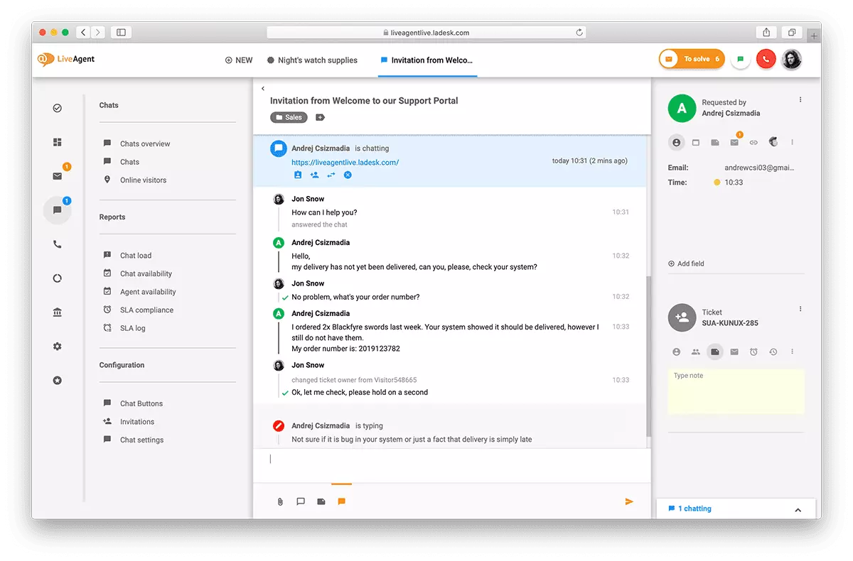 نظرة عامة على واجهة الدردشة المباشرة في LiveAgent.