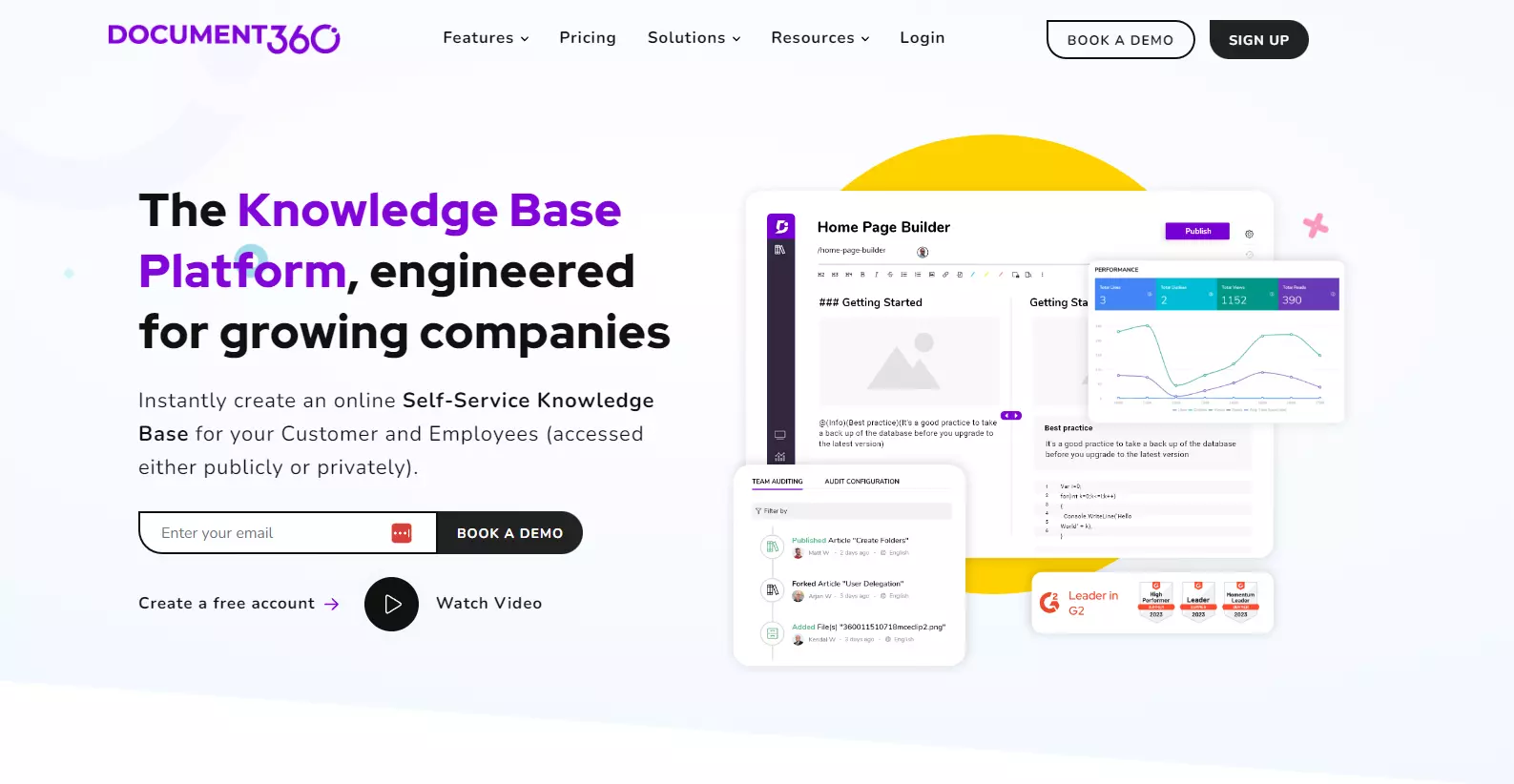 لقطة من الصفحة الرئيسية Document360 تركز على الميزات الرئيسية