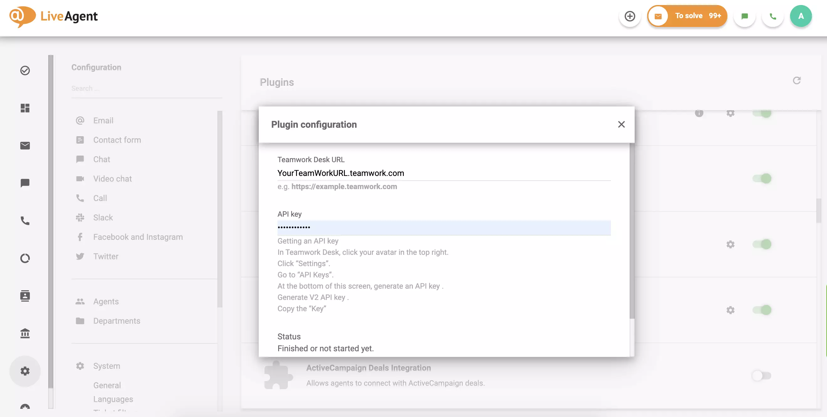 ملء عنوان URL و API الخاص بـ Teamwork Desk ثم انقر فوق حفظ.