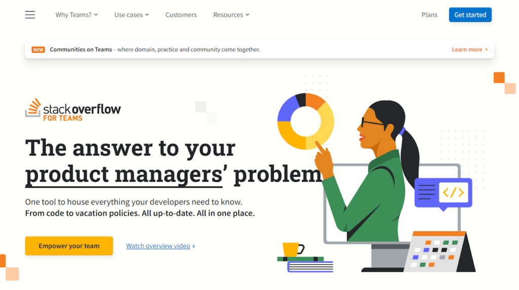 الصفحة الرئيسية لـ Stack Overflow for Teams، مثالية لأنظمة قاعدة المعرفة