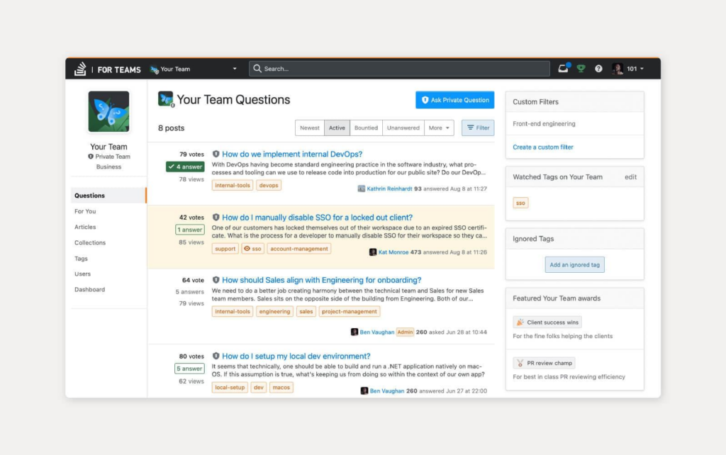 لقطة من مثال أداة قاعدة المعرفة من Stack Overflow for Teams