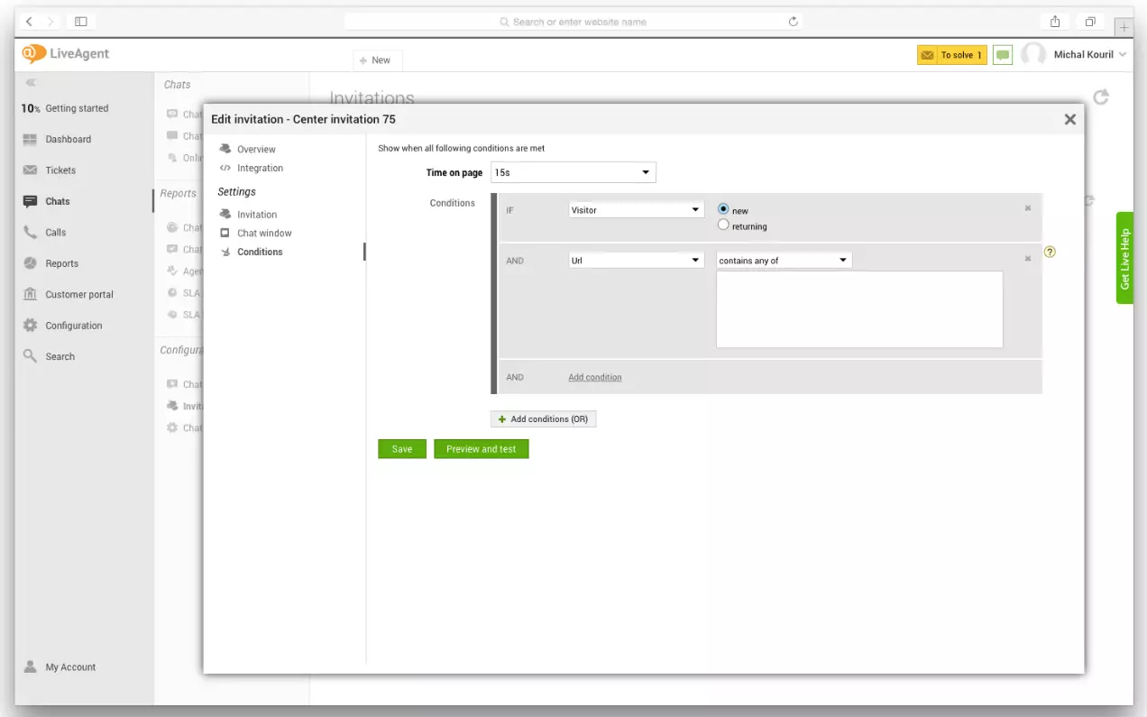 إعدادات LiveAgent تعرض كيفية إعداد محفزات الدردشة الاستباقية