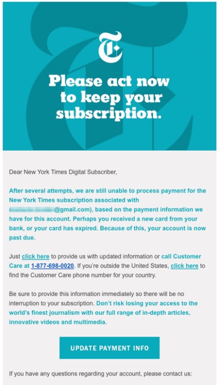 مثال على رسالة بريد إلكتروني للمتابعة من New York Times