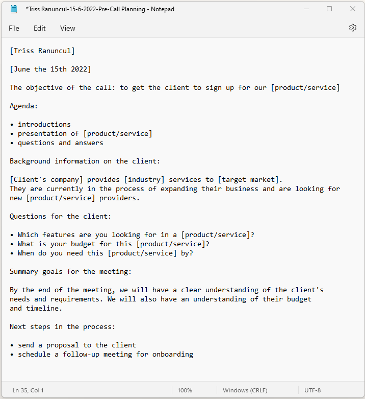 مثال على ملاحظات التخطيط قبل الاتصال