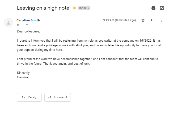 مثال على بريد إلكتروني للاستقالة