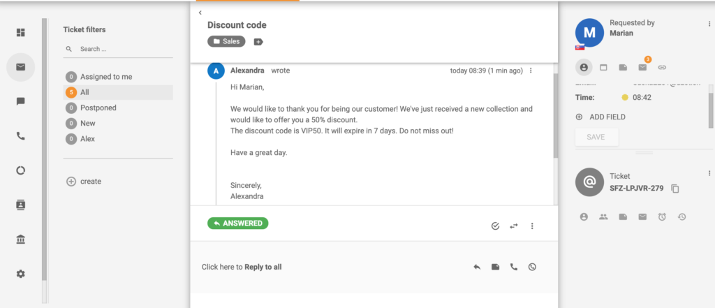 مثال على التذكرة مع عرض رمز الخصم