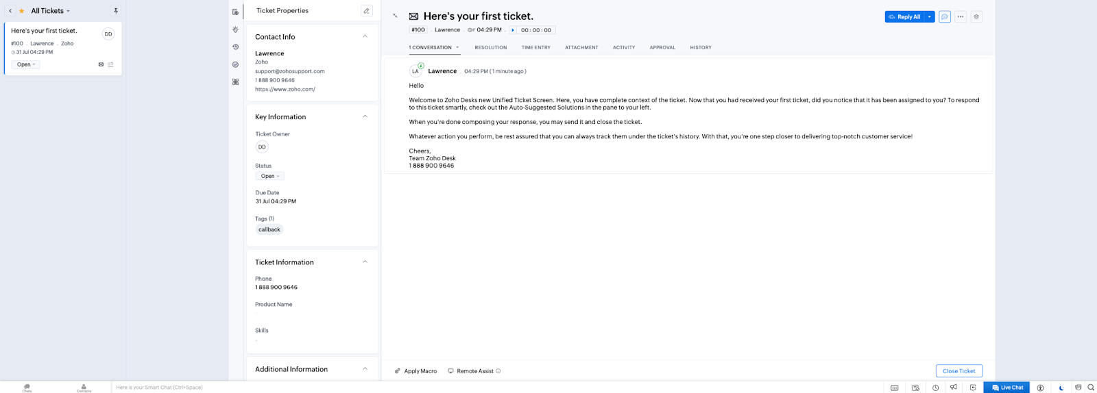 بيئة التذاكر في Zoho Desk