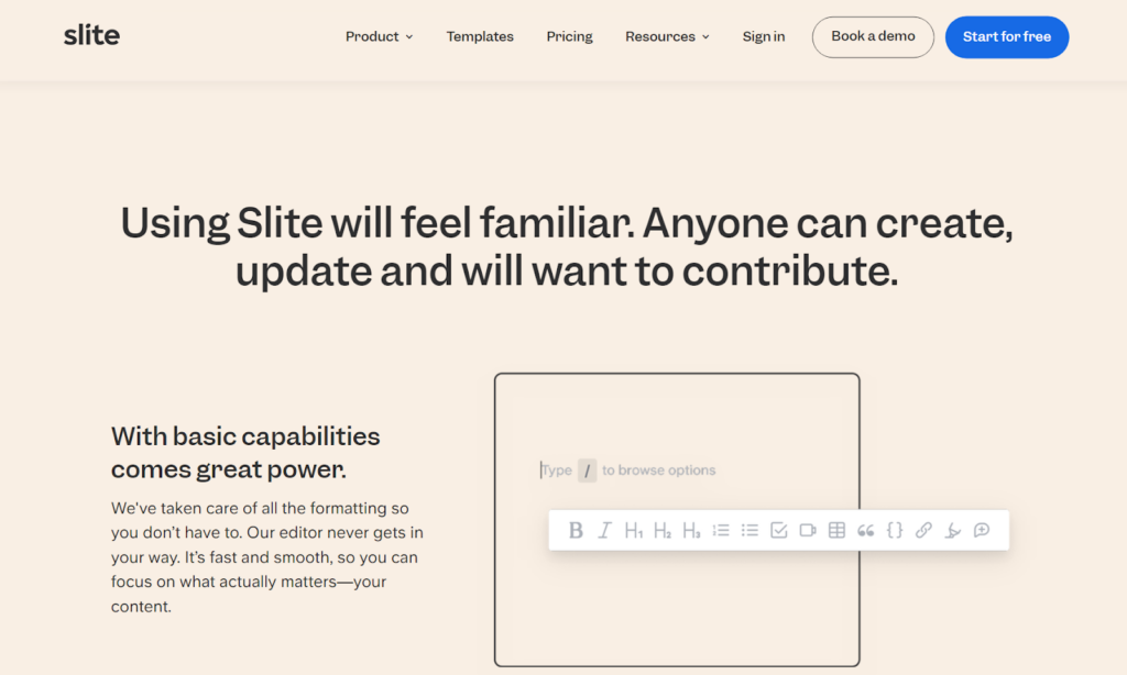 الصفحة الرئيسية لقاعدة المعرفة Slite