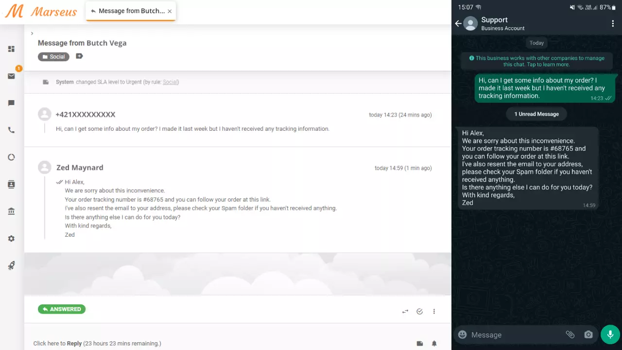 رسالة WhatsApp معروضة كتذكرة في LiveAgent
