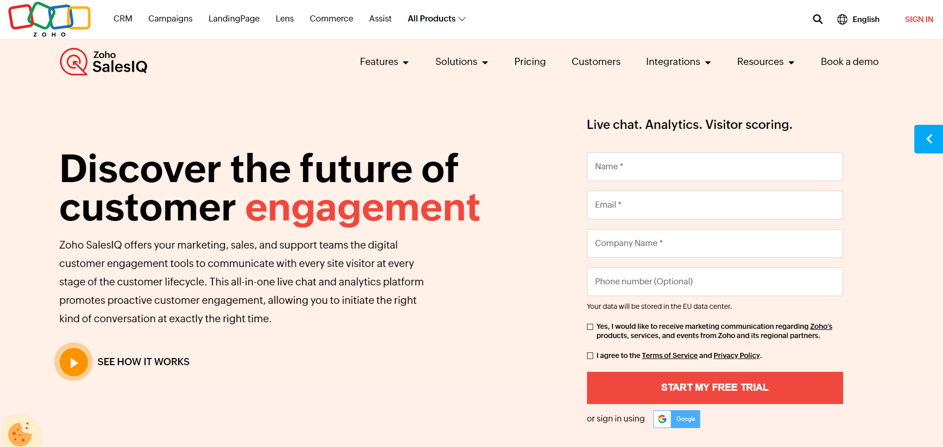 الصفحة الرئيسية لـ Zoho SalesIQ - برنامج دردشة مباشرة للتجارة الإلكترونية للتفاعل مع العملاء